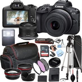 Canon EOS R100 24.2MP APS-C CMOS Sensor Mirrorless Camera with 18-45mm Lens + Case + 64GB Ultra Memory Card + Flash+ Filters + Lenses + More (Photo Essential Bundle) (Renewed)