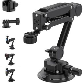 Geyo Camera Suction Cup Mount, Multi-Function Shock Absorber Arm Stabilizer for Video, 4" Vacuum Suction Cup, 1/4" Mounting Holes Car Mount for Insta 360 X4, for Dji Pocket 3, for GoPro HERO13, Silver