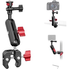 Camera Mount Super Clamp, Double Ballhead Magic Arm Clamp for GoPrO/Pocket 3 /lnsta360 X3 X4 /DSLR/Monitor/LED Light/Flash/Microphone,360°Rotating & 1/4"Screw & CNC Ebike Handlebar Clip Kit, JC008