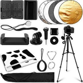 Kingdder Photograph Starter Kit Camera Hand Strap, 5 in 1 Reflector, Memory Card Box, Lens Cover Rope, Hot Shoe Protect Cover, Hundred Patch Cloth, Tripod with Mobile Phone Clip, Adapter, Screws