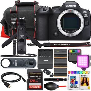 Canon EOS R6 Mark II Mirrorless Camera Body + Canon HG-100TBR Tripod Grip & BR-E1 Wireless Remote Control + 128 GB Memory + RGB LED Light + 2pc Extra Battery + More (17pc Bundle) (Renewed)