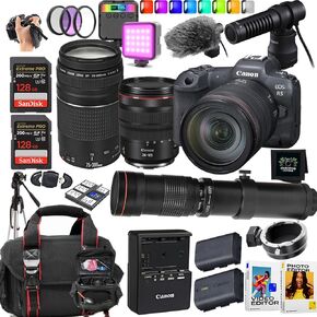 Canon EOS R5 Mirrorless Camera + RF 24-105mm L USM Lens + EF 75-300mm III + 420-800mm HD Manual Telephoto + 2X SanDisk 128 GB Extreme Memory Card + More (18pc Bundle) (Renewed)