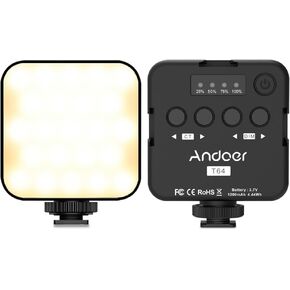Andoer T64 Pocket Led Light Mini Video Lamp Photography Light 2500K-9000K±200K Color Temperature CRI≥95 with 64pcs Beads 3 Cold Shoe Mounts for Live Streaming Home Studio Comercial Photography