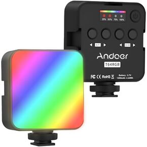 Andoer T64RGB Pocket Led Light Mini Video Lamp RGB Photography Light 2500K-9000K±200K Color Temperature CRI≥95 with 65pcs Beads 3 Cold Shoe Mounts for Live Streaming Home Studio Comercial Photography