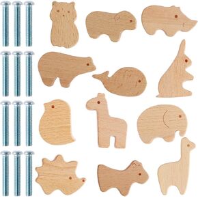 6/12Pcs Wooden Animal Drawer Knobs with Screws Natural Wood Dresser Knobs Cute Jungle Animal Drawer Pulls Furniture Knobs Decorative Children's Room