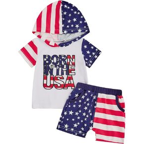 Toddler Boys Summer Outfits USA Hooded Sleeveless Tank Tops Elastic Waist Shorts 2Pcs 4th of July Clothes Set