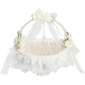 Flower Girl Basket, Wedding White Flower Basket Photography Props with Lace for Wedding Party Decoration