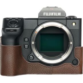 GFX 100II Camera Case, BMAOLLONGB Handmade Genuine Real Leather Half Camera Case Bag Cover for Fujifilm GFX 100 II Camera Bottom Opening Version + Hand Strap (Black)