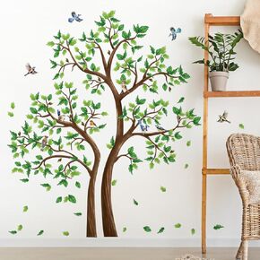 AM AMAONM Removable 3D Brown Twins Tree Wall Decals with Birds, Green Leaves and Brown Branches Wall Sticker, Nature Home Decor Art Stickers for Kids Girls Bedroom Living Room Nursery Decoration