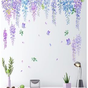 Vibrant Purple & Blue Wisteria Flower Wall Decal - Detailed Design with Leaves & Butterflies, Easy Peel & Stick - Removable & Reusable - Perfect for Home Wall Nursery and Living Rooms Decor
