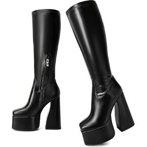 LanreyTaley Elastic Knee High Platform Boots for Women Chunky High Heel Wide Calf Go-Go Boot Square Toe Side Zipper Stretch Boot