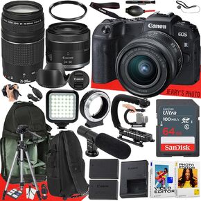 Canon EOS RP Mirrorless Camera with RF 24-50mm f/4.5-6.3 is STM and EF 75-300mm f/4-5.6 III Lens + 64 GB Memory + Video LED Light + Mic + Mount Adapter for Canon R + More (30pc Bundle) (Renewed)