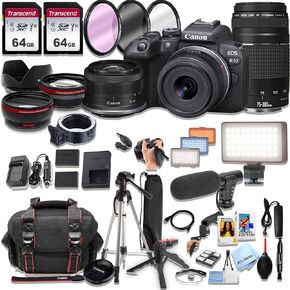 Canon EOS R10 Mirrorless Camera18-45mm and 75-300mm Lenses + 128GB Memory, LED Light, Microphone, Spare Battery, Filters,Case, Tripod, Flash, and More (44pc Bundle) (Renewed), Black