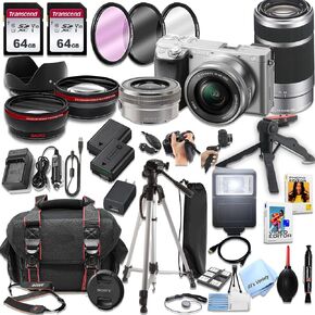 Sony a6400 (Silver) Mirrorless Camera with16-50mm & 55-210mm Zoom Lenses + 128GB Memory, Spare Battery, Filters,Case, Tripod, Flash, and More (39pc Bundle) (Renewed)