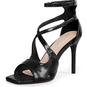 Allegra K Women's Ankle Strap Square Toe Crisscross Embossed Stiletto Heel Sandals