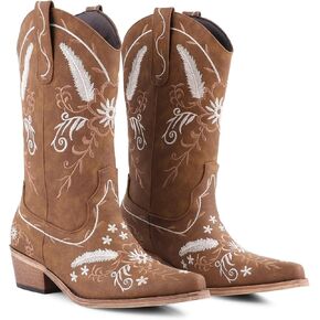 LingxiaUne Women’s Western Cowboy Boots – Elegant White Floral Embroidery Mid Heel Boots for Stylish Versatility