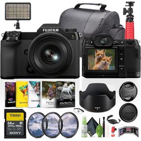 FUJIFILM GFX 50S II Medium Format Mirrorless Camera with 35-70mm Lens Kit + 64GB SF-M Tough Series UHS-II SDXC Memory Card + 62mm 3 Piece High Resolution Filter Kit + LED Video Light + More