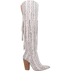 Dingo Womens Kitty Kat Fringe Snip Toe Casual Boots Over the Knee High Heel 3" & Up - White
