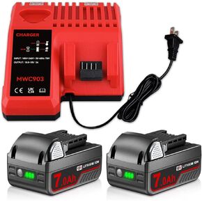 2 Pack 18V 7.0Ah Replacement for Milwaukee 18V Battery and M-12-18 3A 12-18V Charger Compatible with Milwaukee Battery 48-11-1840 48-11-1850 48-11-1828 48-11-1812