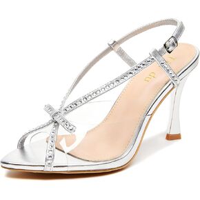 Jiu du Women's Bow Heels Pointed Open Toe Rhiestone Heeled Sandals Slingback High Heels Party Wedding Dressy Pumps
