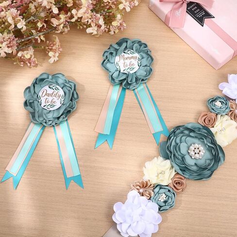 3pcs Teddy Bear Mommy to Be Sash, Mommy and Daddy to Be Pins Corsage, Maternity Sash Belt for Baby Shower, Maternity Photography Props, Souvenir Gifts, Baby Shower Decorations (Blue) in Kuwait