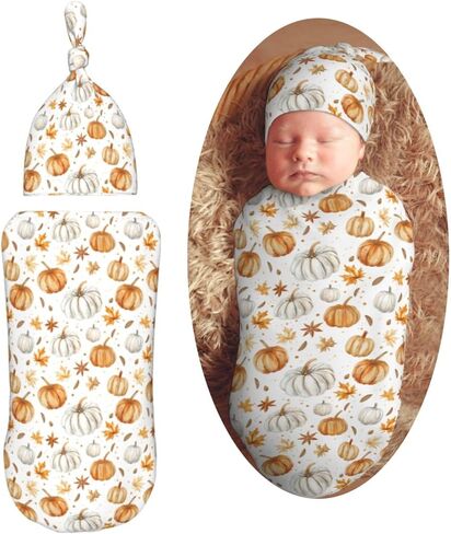 Pumpkins and Anise Stars Newborn Swaddle Blankets Hat Sets Soft Baby Receiving Blanket Swaddle Sack for Baby Shower Infant Boy Girl Gift in Saudi Arabia