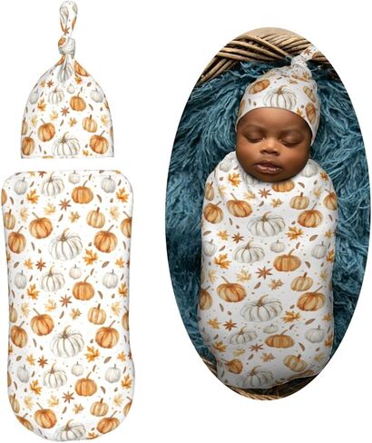Pumpkins and Anise Stars Newborn Swaddle Blankets Hat Sets Soft Baby Receiving Blanket Swaddle Sack for Baby Shower Infant Boy Girl Gift in Saudi Arabia