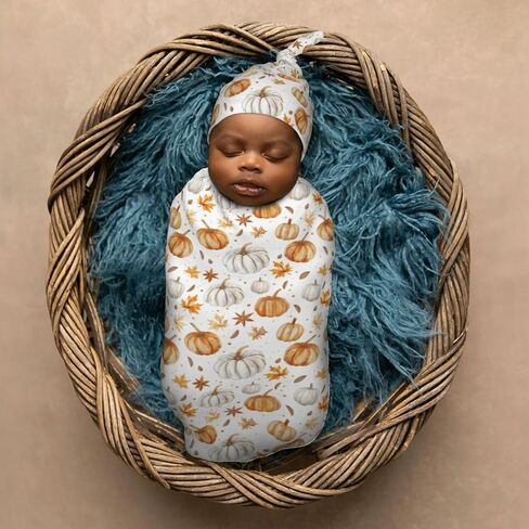 Pumpkins and Anise Stars Newborn Swaddle Blankets Hat Sets Soft Baby Receiving Blanket Swaddle Sack for Baby Shower Infant Boy Girl Gift in Saudi Arabia