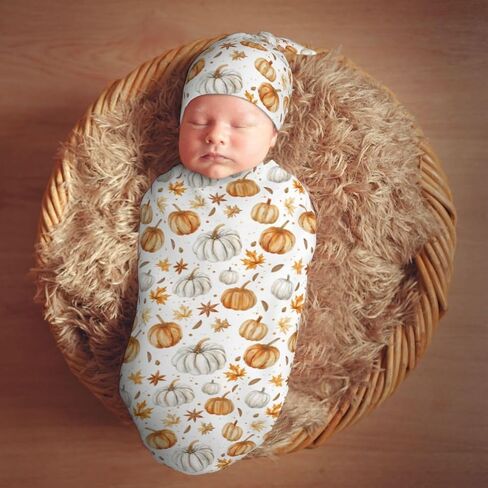 Pumpkins and Anise Stars Newborn Swaddle Blankets Hat Sets Soft Baby Receiving Blanket Swaddle Sack for Baby Shower Infant Boy Girl Gift in Saudi Arabia