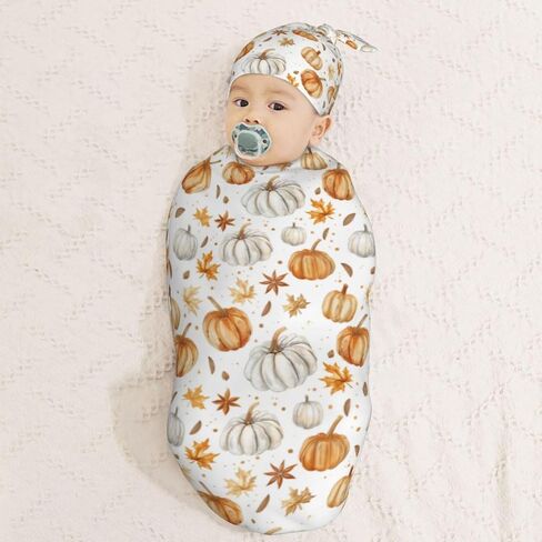Pumpkins and Anise Stars Newborn Swaddle Blankets Hat Sets Soft Baby Receiving Blanket Swaddle Sack for Baby Shower Infant Boy Girl Gift in Saudi Arabia
