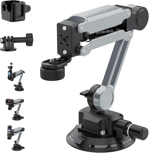 Geyo Camera Suction Cup Mount, Multi-Function Shock Absorber Arm Stabilizer for Video, 4" Vacuum Suction Cup, 1/4" Mounting Holes Car Mount for Insta 360 X4, for Dji Pocket 3, for GoPro HERO13, Silver in Saudi Arabia