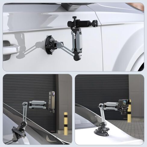 Geyo Camera Suction Cup Mount, Multi-Function Shock Absorber Arm Stabilizer for Video, 4" Vacuum Suction Cup, 1/4" Mounting Holes Car Mount for Insta 360 X4, for Dji Pocket 3, for GoPro HERO13, Silver in Saudi Arabia