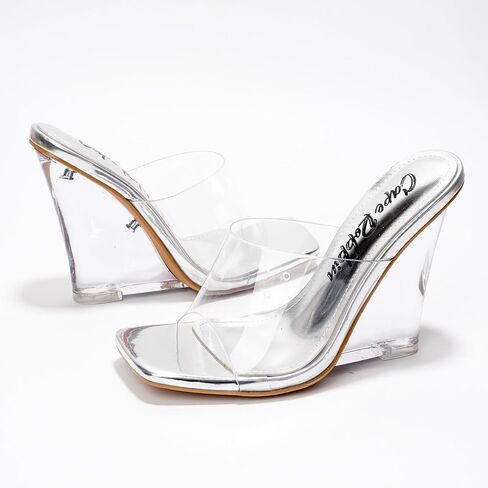 Slip On Clear Wedge Heels for Women - Square Toe Comfortable Lightweight Dressy Shoes, Summer Casual Outfits (MALA) in Saudi Arabia
