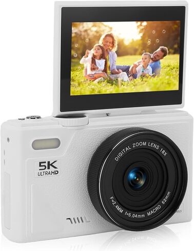 5K Digital Camera for Photography with 3" 180°Flip Screen, 75MP Vlogging Camera for YouTube, HD Compact Camera, 18X Digital Zoom, Retro Cameras (White) in Kuwait