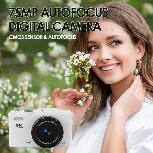 5K Digital Camera for Photography with 3" 180°Flip Screen, 75MP Vlogging Camera for YouTube, HD Compact Camera, 18X Digital Zoom, Retro Cameras (White) in Kuwait