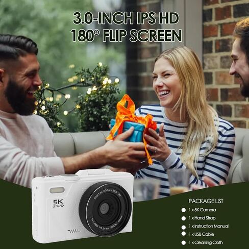 5K Digital Camera for Photography with 3" 180°Flip Screen, 75MP Vlogging Camera for YouTube, HD Compact Camera, 18X Digital Zoom, Retro Cameras (White) in Kuwait