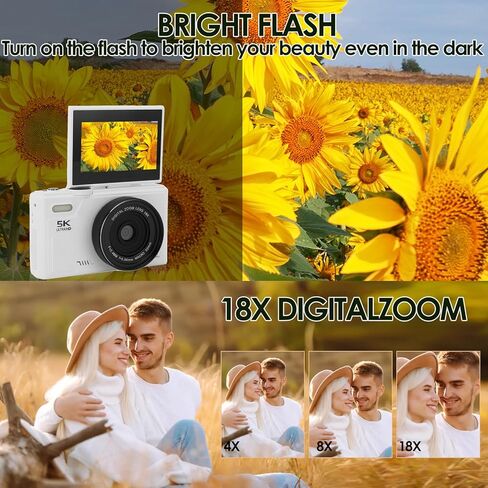 5K Digital Camera for Photography with 3" 180°Flip Screen, 75MP Vlogging Camera for YouTube, HD Compact Camera, 18X Digital Zoom, Retro Cameras (White) in Kuwait