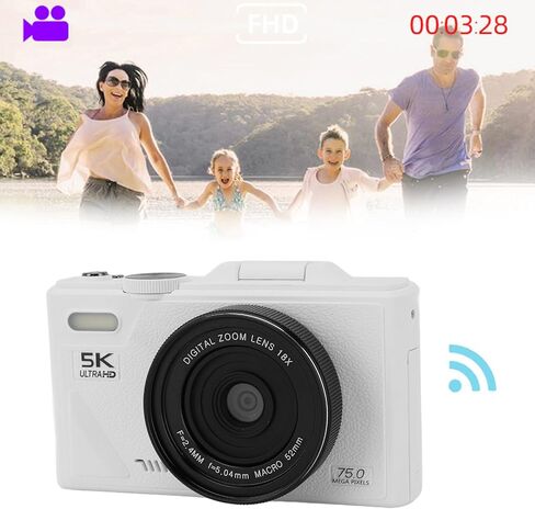 5K Digital Camera for Photography with 3" 180°Flip Screen, 75MP Vlogging Camera for YouTube, HD Compact Camera, 18X Digital Zoom, Retro Cameras (White) in Kuwait