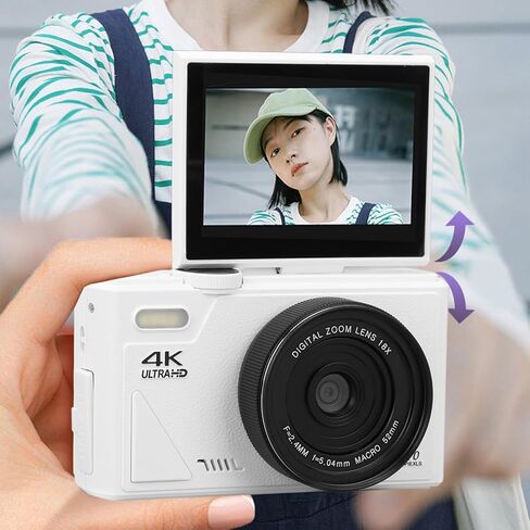 5K Digital Camera for Photography with 3" 180°Flip Screen, 75MP Vlogging Camera for YouTube, HD Compact Camera, 18X Digital Zoom, Retro Cameras (White) in Kuwait