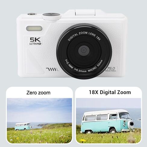 5K Digital Camera for Photography with 3" 180°Flip Screen, 75MP Vlogging Camera for YouTube, HD Compact Camera, 18X Digital Zoom, Retro Cameras (White) in Kuwait