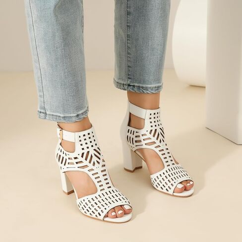 Enelauge Women's Gladiator Sandals Strappy Hollow Out Chunky High Heels Open Toe Ankle Strap Dressy Pumps with Back Zip Cutout Heeled Bohemian Summer Party Sandals in Saudi Arabia