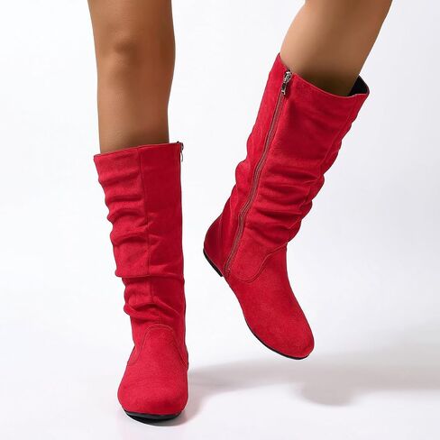 Women's Soft Suede Low Heel Mid Calf Boots | Comfortable Fall Outdoor Footwear with Side Zipper & Non-Slip Sole - Flat Boots,slouch boots for women in Saudi Arabia
