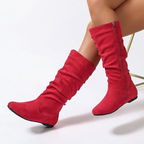 Women's Soft Suede Low Heel Mid Calf Boots | Comfortable Fall Outdoor Footwear with Side Zipper & Non-Slip Sole - Flat Boots,slouch boots for women in Saudi Arabia
