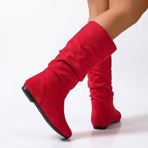 Women's Soft Suede Low Heel Mid Calf Boots | Comfortable Fall Outdoor Footwear with Side Zipper & Non-Slip Sole - Flat Boots,slouch boots for women in Saudi Arabia