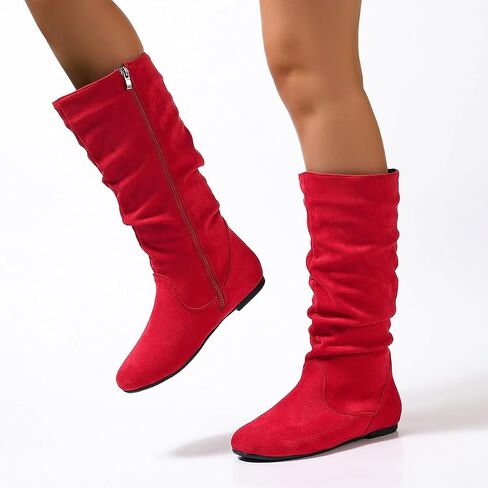 Women's Soft Suede Low Heel Mid Calf Boots | Comfortable Fall Outdoor Footwear with Side Zipper & Non-Slip Sole - Flat Boots,slouch boots for women in Saudi Arabia
