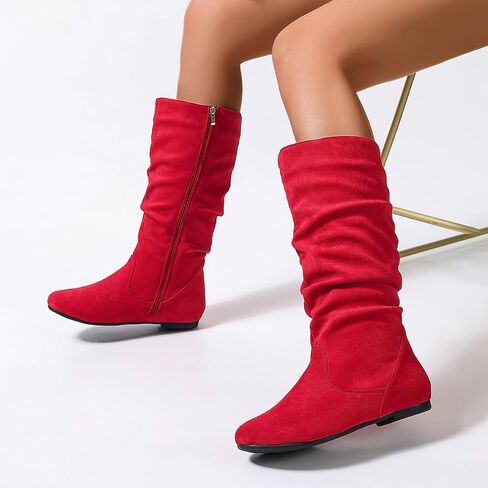 Women's Soft Suede Low Heel Mid Calf Boots | Comfortable Fall Outdoor Footwear with Side Zipper & Non-Slip Sole - Flat Boots,slouch boots for women in Saudi Arabia