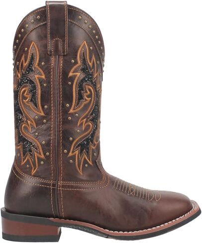 Laredo Womens Lockhart Studded Embroidered Square Toe Casual Boots Mid Calf Low Heel 1-2" - Brown in Saudi Arabia