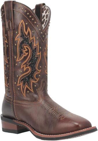 Laredo Womens Lockhart Studded Embroidered Square Toe Casual Boots Mid Calf Low Heel 1-2" - Brown in Saudi Arabia