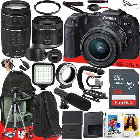 Canon EOS RP Mirrorless Camera with RF 24-50mm f/4.5-6.3 is STM and EF 75-300mm f/4-5.6 III Lens + 64 GB Memory + Video LED Light + Mic + Mount Adapter for Canon R + More (30pc Bundle) (Renewed) in Saudi Arabia