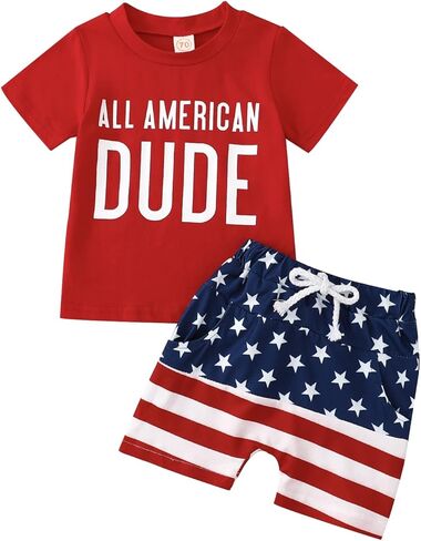 Toddler Boy 4th of July Outfit Letter Embroidery Short Sleeve T-Shirt with Stripe Star Shorts Set in Kuwait